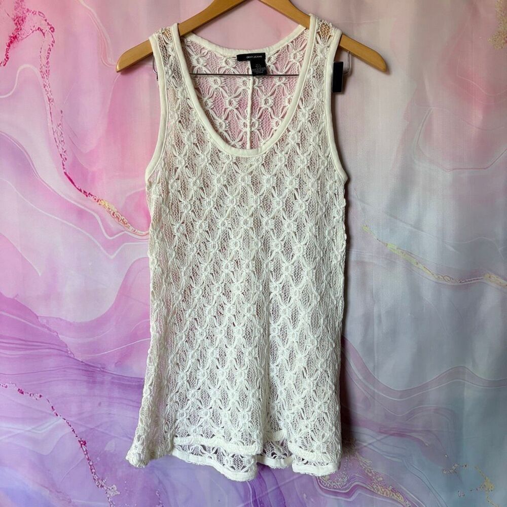 DKNY L Cream Open Knit Floral Blouse Top Romantic Boho Boardwalk Artsy Coastal